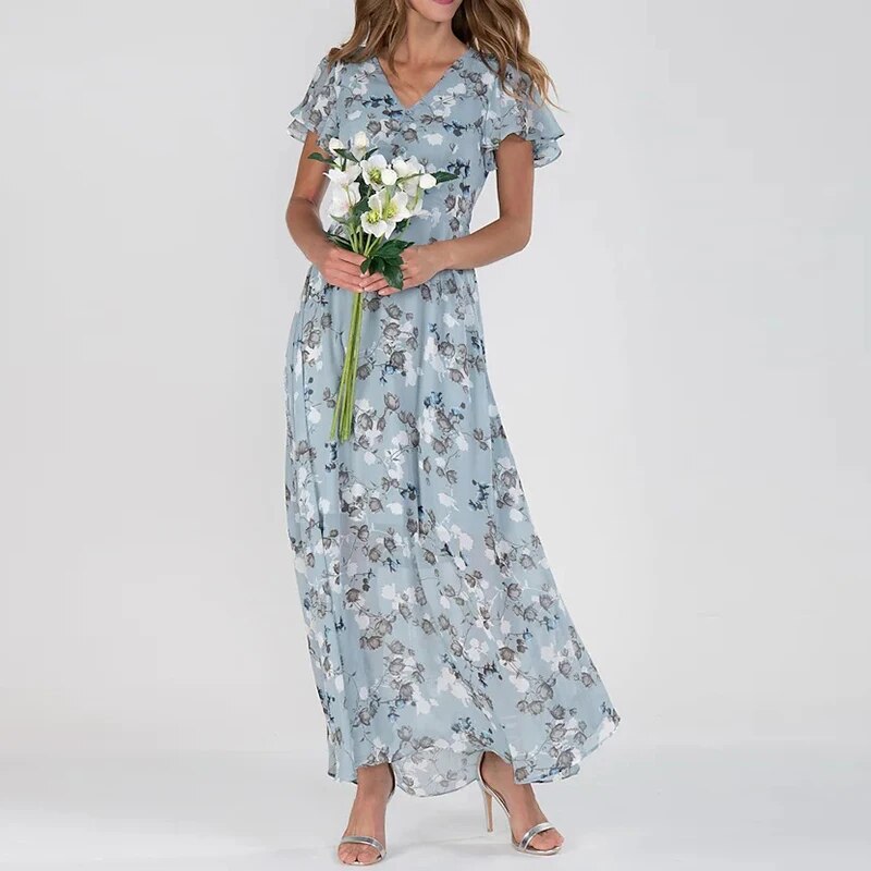 Maxi solklänning | Blommig | Butterfly Sleeve | Sommarklänning | Maxiklänning-Eva Jonsson