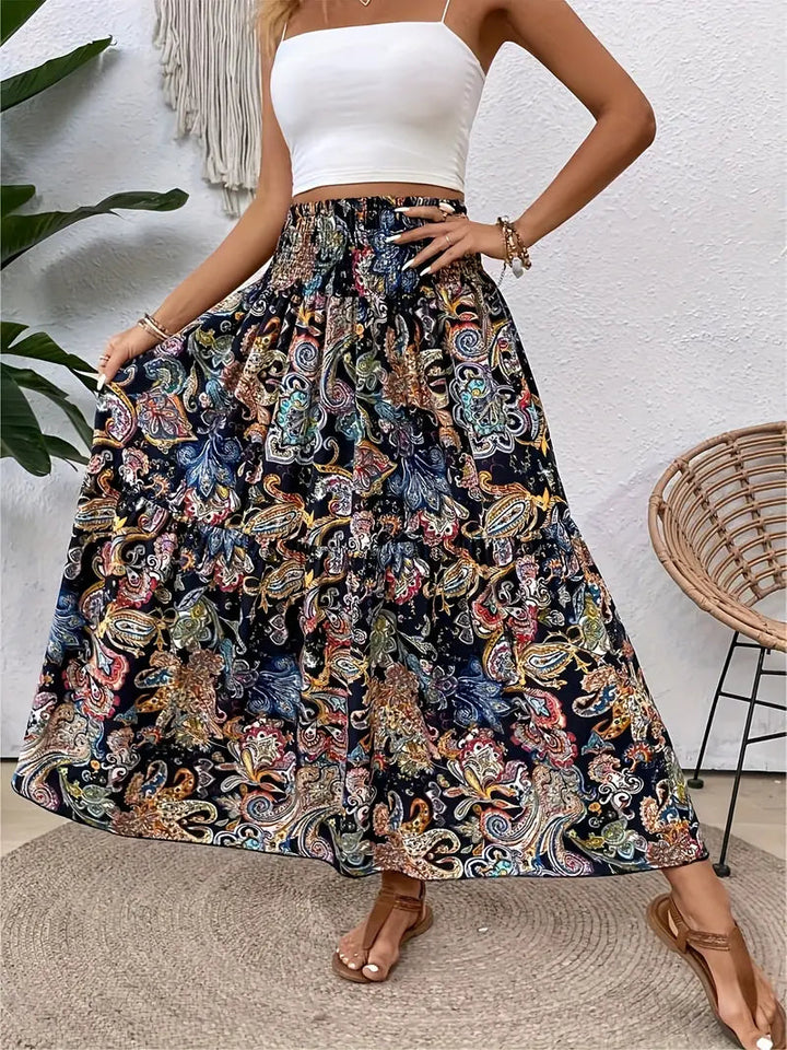Maxikjol - Mönstrad - Rynkad midja - Boho-stil - Långa kjolar-Eva Jonsson