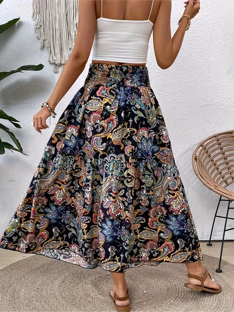 Maxikjol - Mönstrad - Rynkad midja - Boho-stil - Långa kjolar-Eva Jonsson