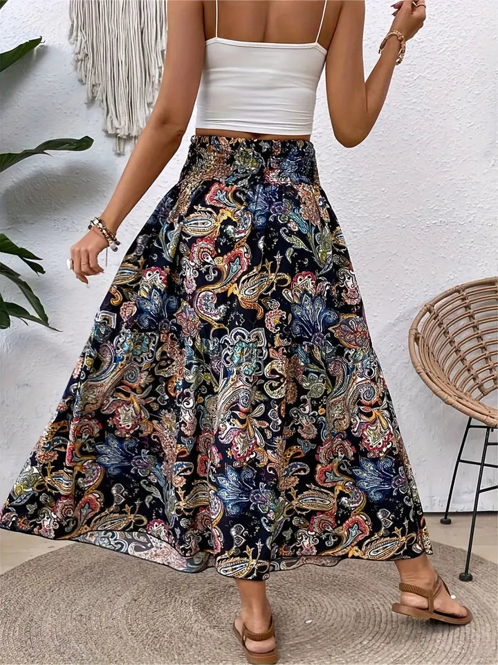 Maxikjol - Mönstrad - Rynkad midja - Boho-stil - Långa kjolar-Eva Jonsson