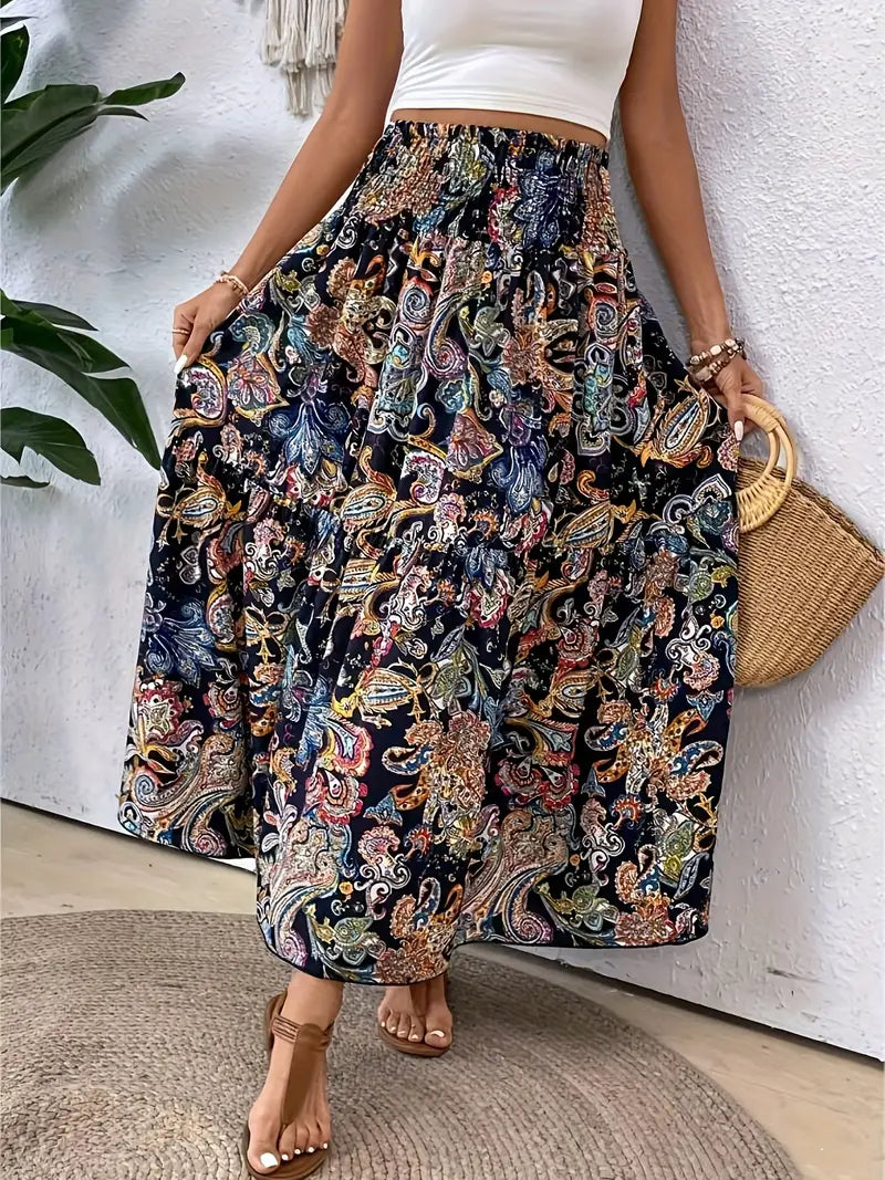 Maxikjol - Mönstrad - Rynkad midja - Boho-stil - Långa kjolar-Eva Jonsson
