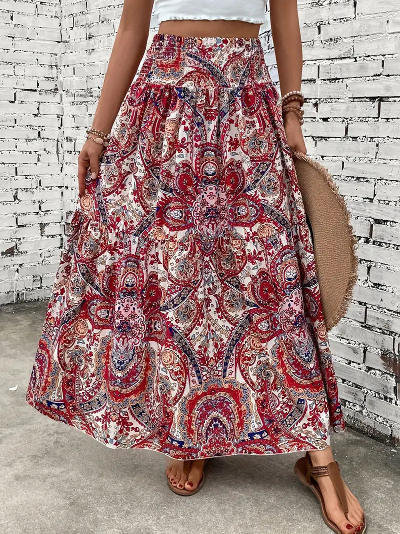 Maxikjol - Mönstrad - Rynkad midja - Boho-stil - Långa kjolar-Eva Jonsson