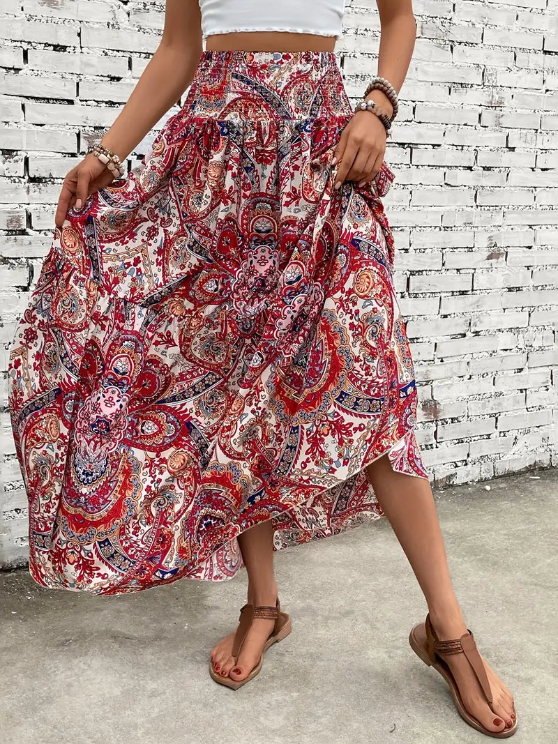 Maxikjol - Mönstrad - Rynkad midja - Boho-stil - Långa kjolar-Eva Jonsson