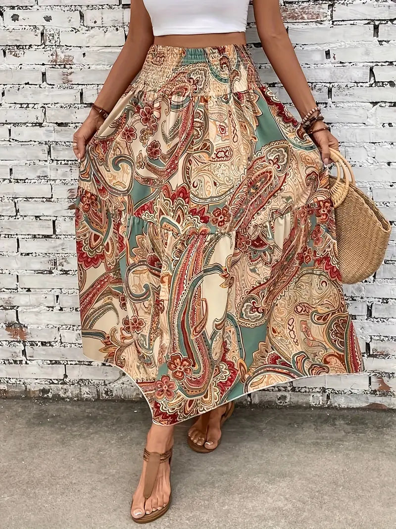Maxikjol - Mönstrad - Rynkad midja - Boho-stil - Långa kjolar-Eva Jonsson