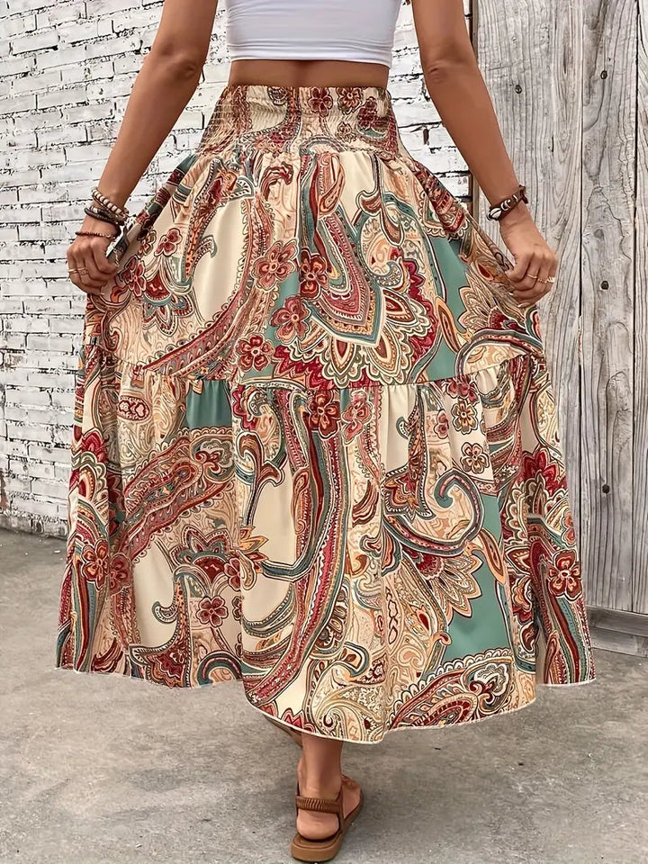 Maxikjol - Mönstrad - Rynkad midja - Boho-stil - Långa kjolar-Eva Jonsson
