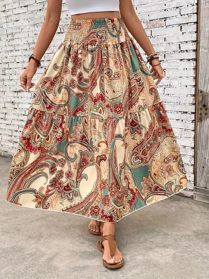 Maxikjol - Mönstrad - Rynkad midja - Boho-stil - Långa kjolar-Eva Jonsson