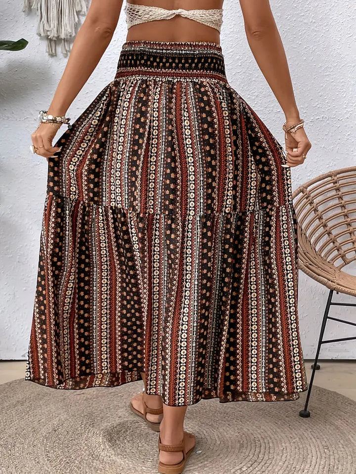 Maxikjol - Mönstrad - Rynkad midja - Boho-stil - Långa kjolar-Eva Jonsson