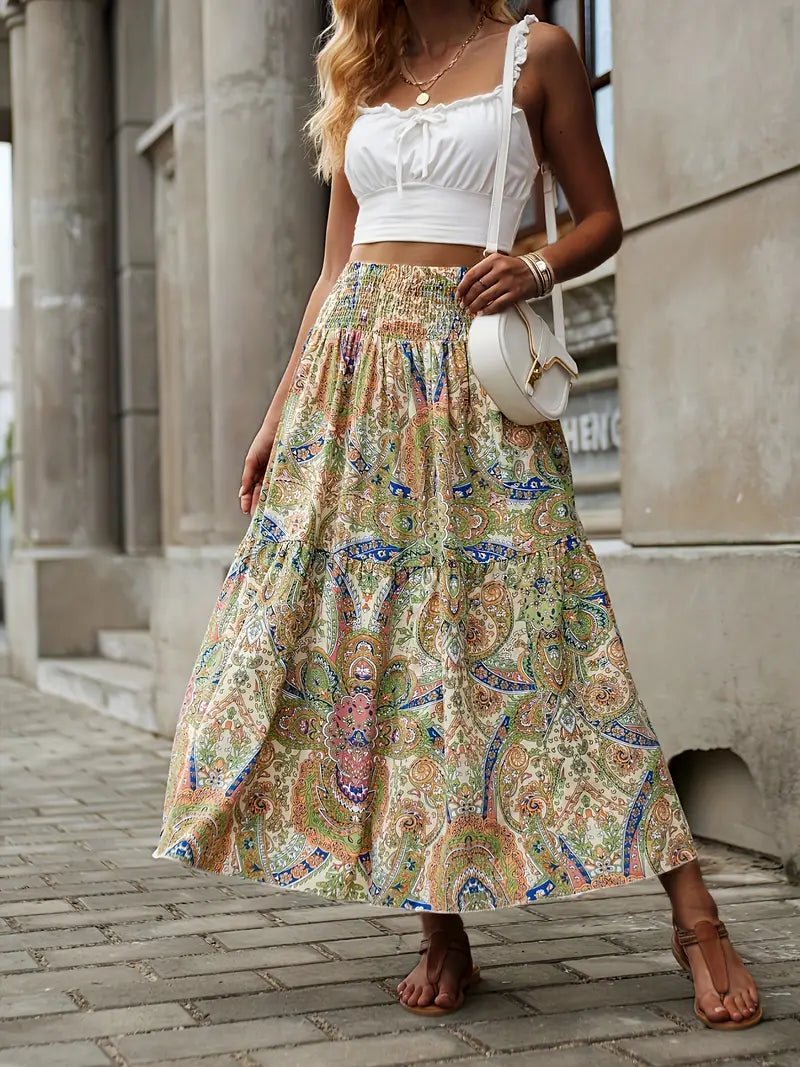 Maxikjol - Mönstrad - Rynkad midja - Boho-stil - Långa kjolar-Eva Jonsson