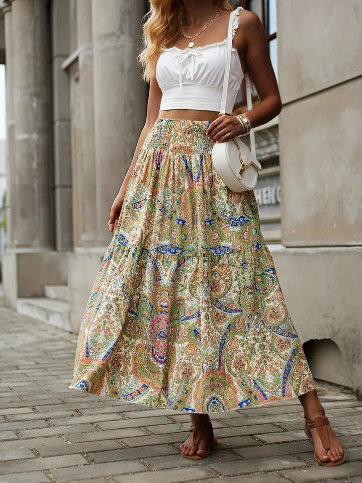 Maxikjol - Mönstrad - Rynkad midja - Boho-stil - Långa kjolar-Eva Jonsson