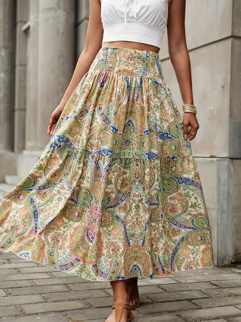 Maxikjol - Mönstrad - Rynkad midja - Boho-stil - Långa kjolar-Eva Jonsson
