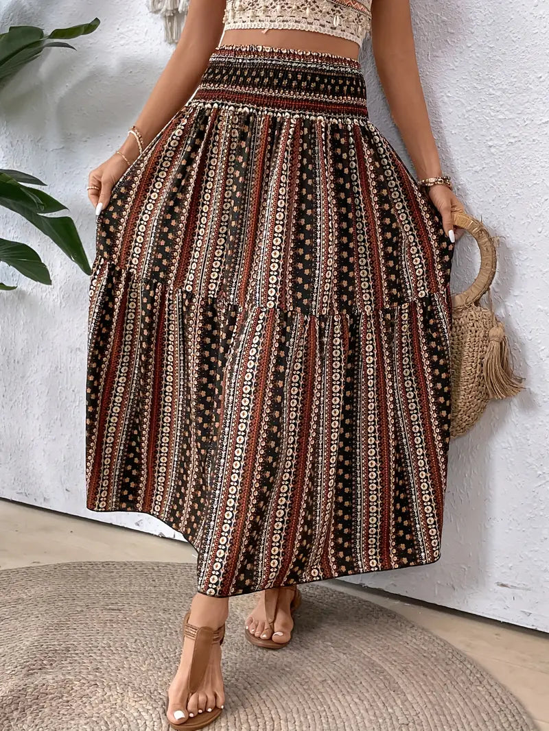 Maxikjol - Mönstrad - Rynkad midja - Boho-stil - Långa kjolar-Eva Jonsson
