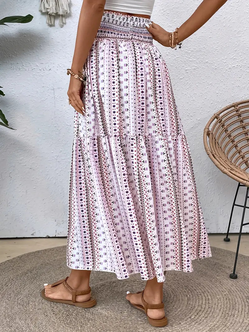 Maxikjol - Mönstrad - Rynkad midja - Boho-stil - Långa kjolar-Eva Jonsson