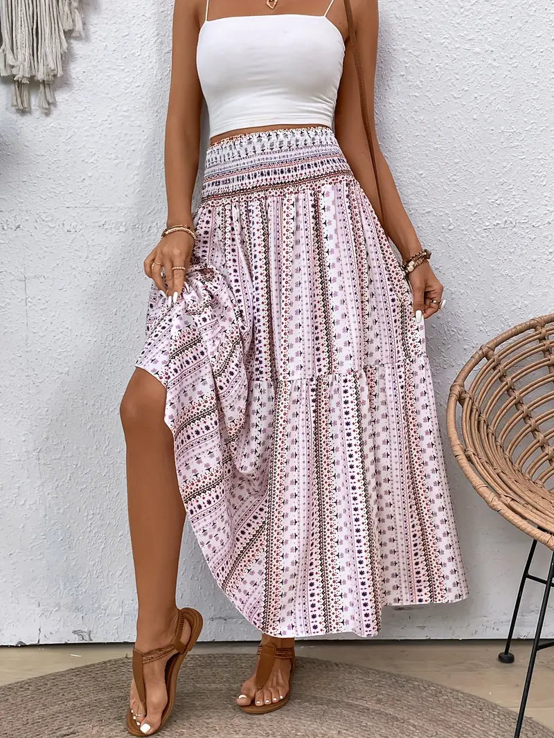 Maxikjol - Mönstrad - Rynkad midja - Boho-stil - Långa kjolar-Eva Jonsson