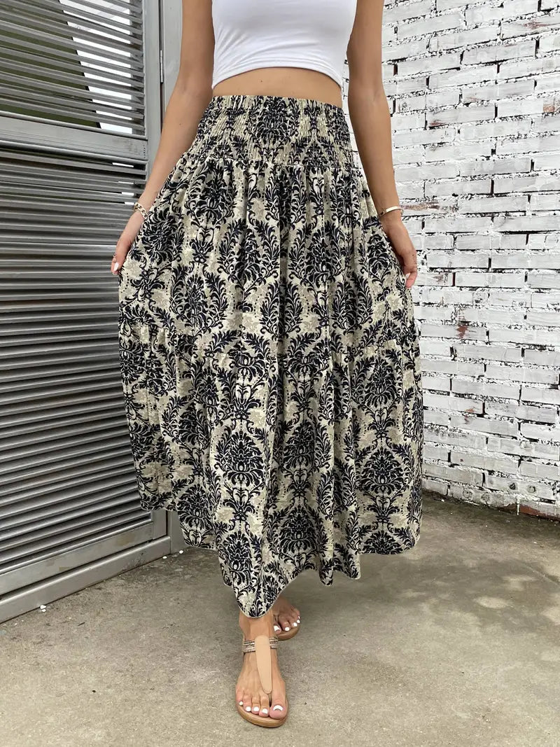 Maxikjol - Mönstrad - Rynkad midja - Boho-stil - Långa kjolar-Eva Jonsson