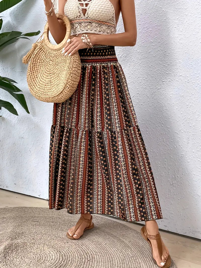 Maxikjol - Mönstrad - Rynkad midja - Boho-stil - Långa kjolar-Eva Jonsson