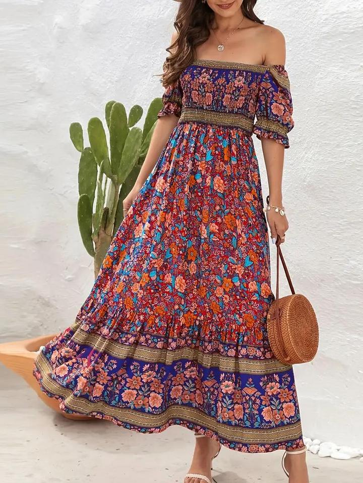 Maxiklänning - Blommig - Off Shoulder - Sommarklänning - Maxi Solklänning-Eva Jonsson