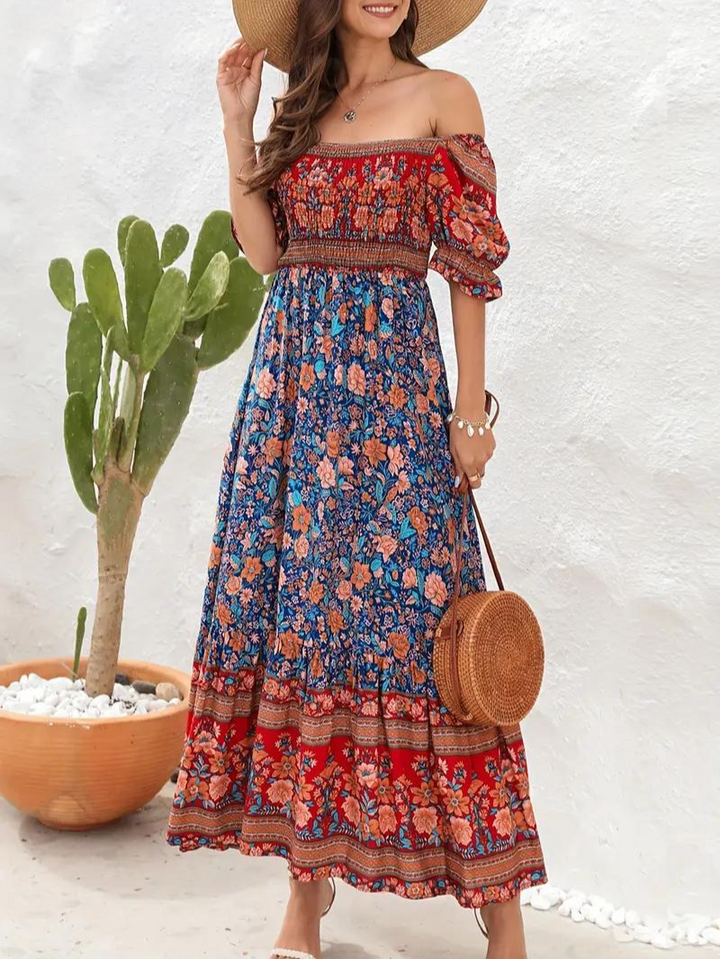 Maxiklänning - Blommig - Off Shoulder - Sommarklänning - Maxi Solklänning-Eva Jonsson