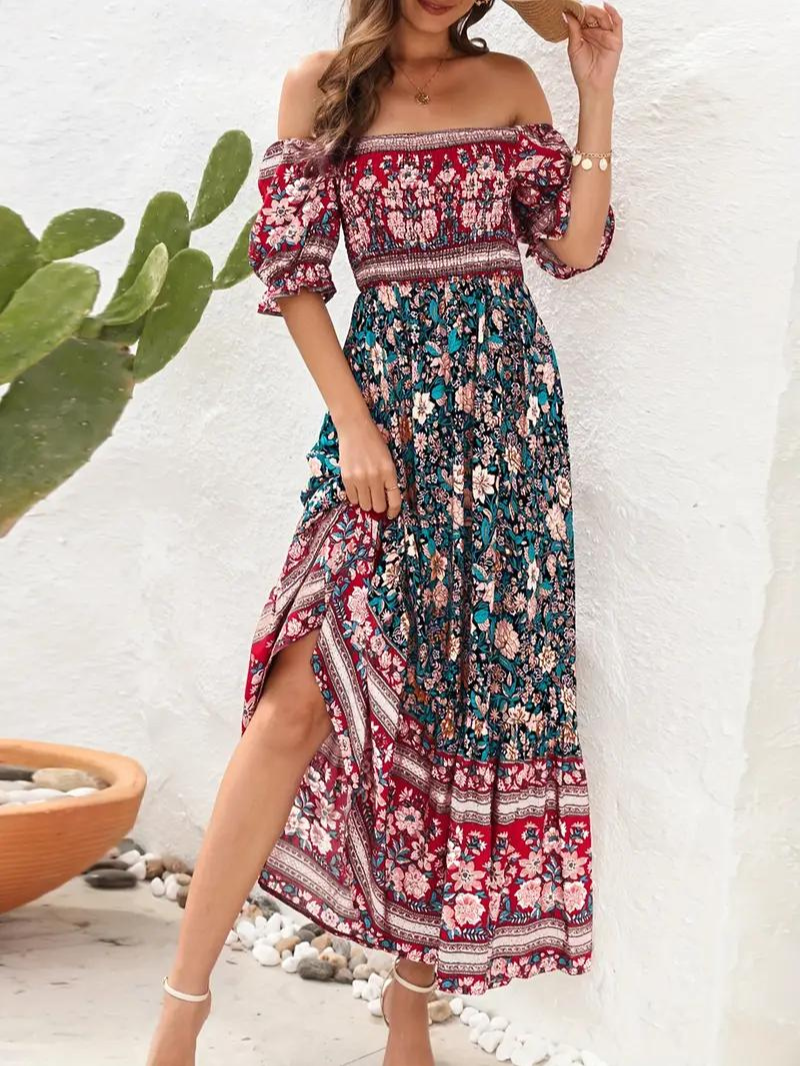 Maxiklänning - Blommig - Off Shoulder - Sommarklänning - Maxi Solklänning-Eva Jonsson