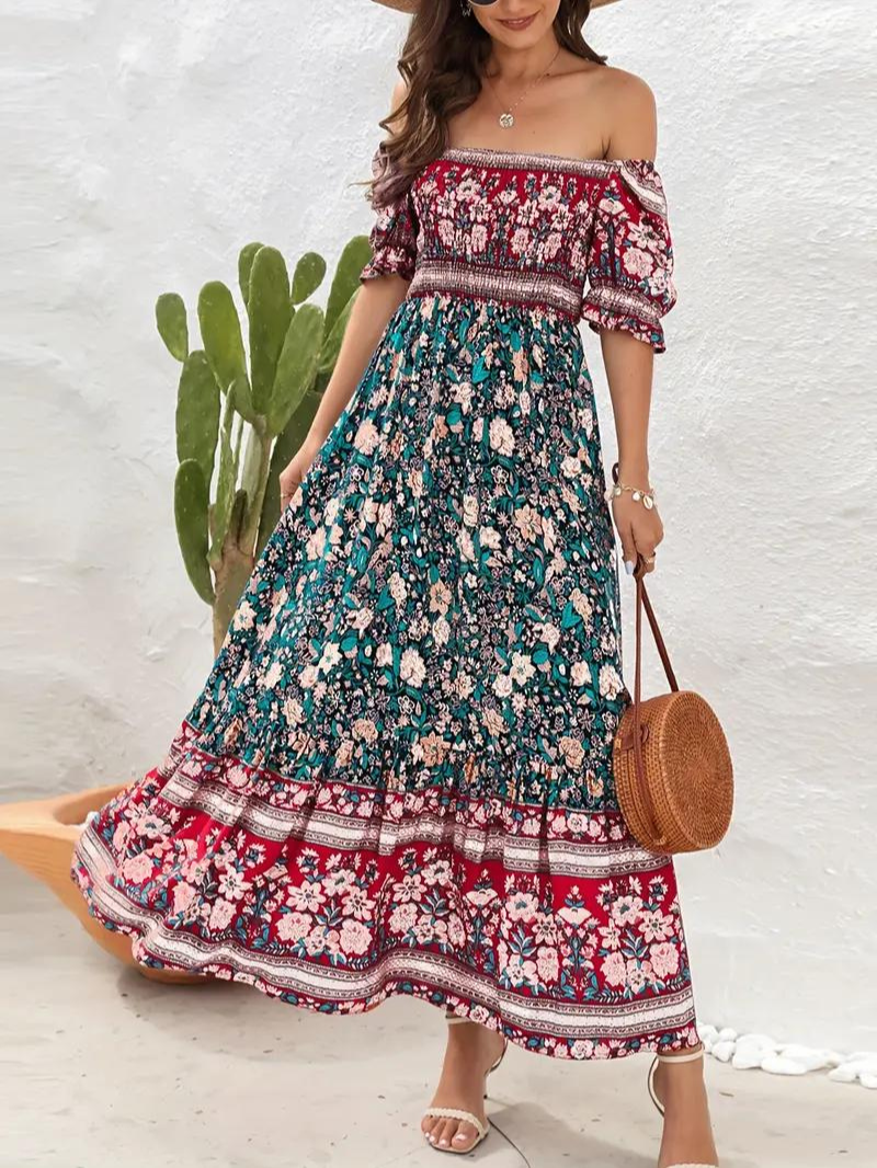 Maxiklänning - Blommig - Off Shoulder - Sommarklänning - Maxi Solklänning-Eva Jonsson