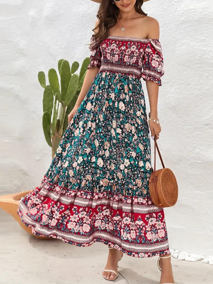 Maxiklänning - Blommig - Off Shoulder - Sommarklänning - Maxi Solklänning-Eva Jonsson