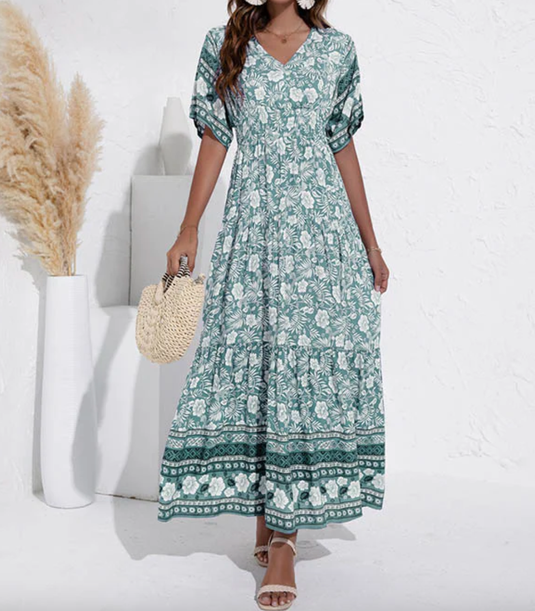 Maxiklänning – Kortärmad blommig boho-sommarklänning för damer-Eva Jonsson