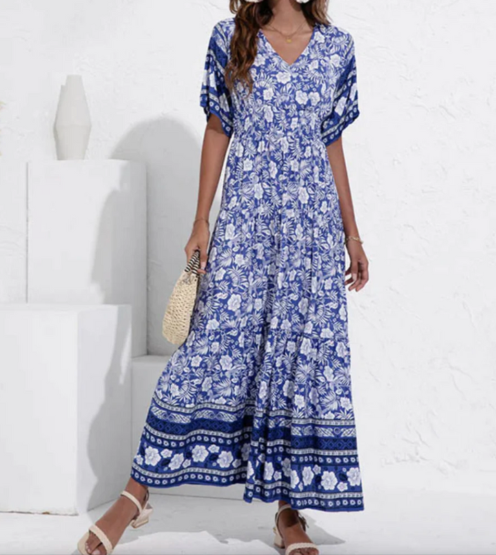 Maxiklänning – Kortärmad blommig boho-sommarklänning för damer-Eva Jonsson