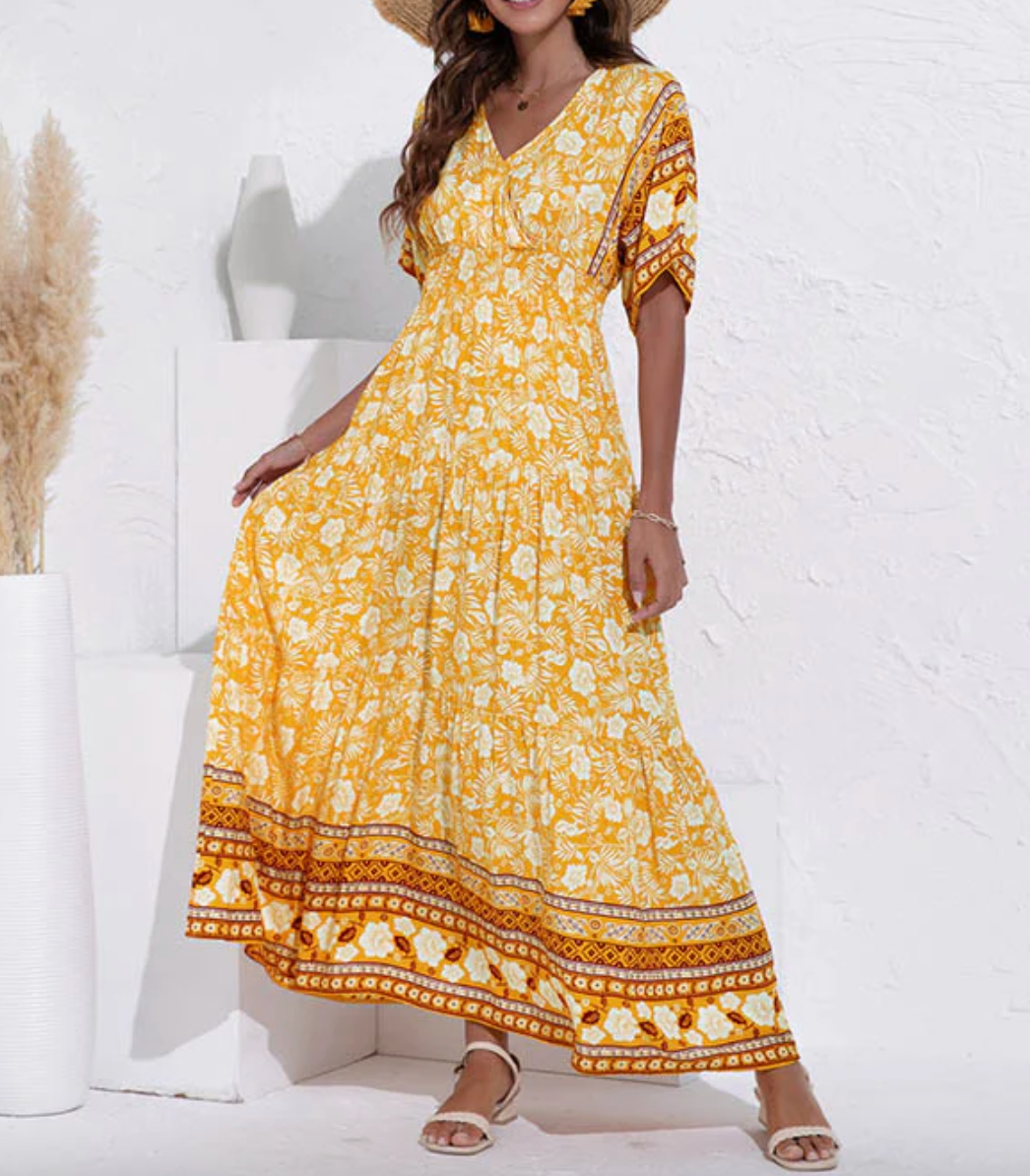 Maxiklänning – Kortärmad blommig boho-sommarklänning för damer-Eva Jonsson