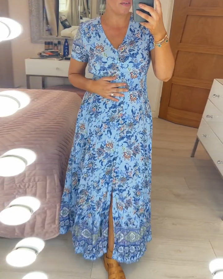 Maxiklänning - Kortärmad blommig sommarklänning med V-ringning-Eva Jonsson