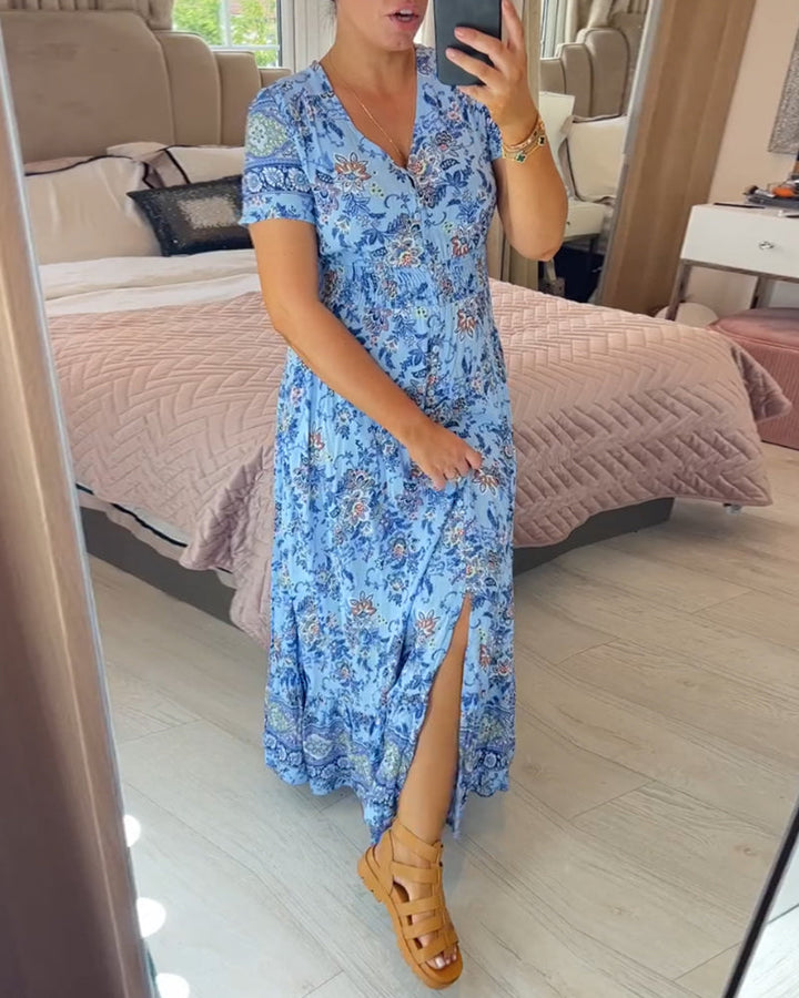 Maxiklänning - Kortärmad blommig sommarklänning med V-ringning-Eva Jonsson