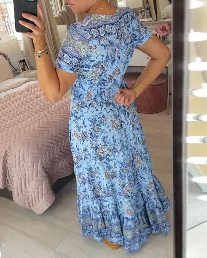 Maxiklänning - Kortärmad blommig sommarklänning med V-ringning-Eva Jonsson