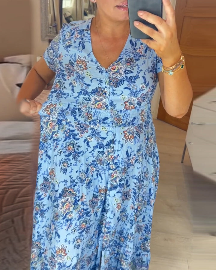 Maxiklänning - Kortärmad blommig sommarklänning med V-ringning-Eva Jonsson