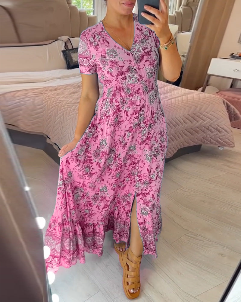 Maxiklänning - Kortärmad blommig sommarklänning med V-ringning-Eva Jonsson