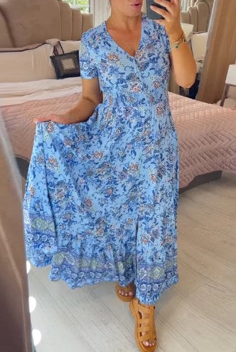 Maxiklänning - Kortärmad blommig sommarklänning med V-ringning-Eva Jonsson
