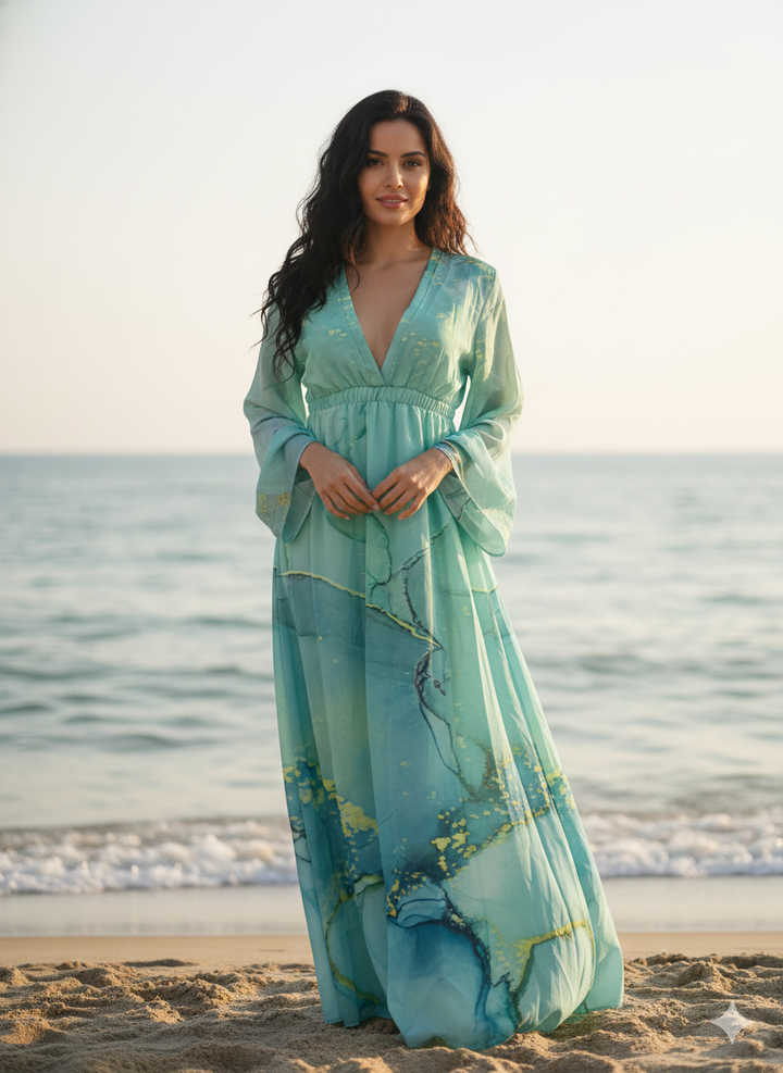 Maxiklänning | Långärmad | V-ringad | Sommarklänning | Maxisundklänning-Eva Jonsson