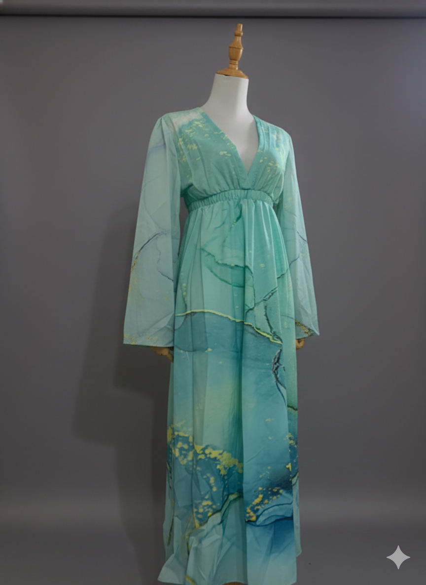 Maxiklänning | Långärmad | V-ringad | Sommarklänning | Maxisundklänning-Eva Jonsson