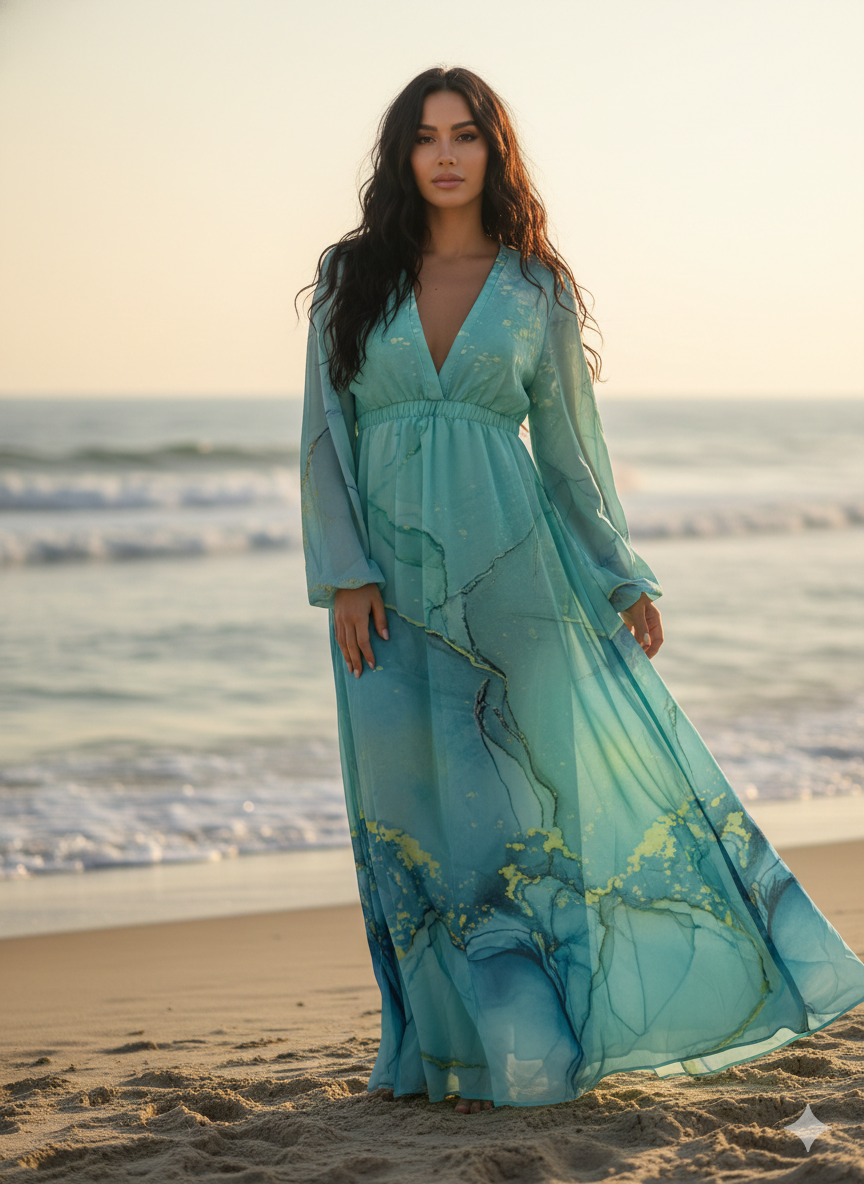 Maxiklänning | Långärmad | V-ringad | Sommarklänning | Maxisundklänning-Eva Jonsson