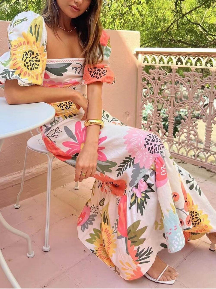 Maxiklänning - Puffärm - Linne - Blommig klänning - Maxi Sundress-Eva Jonsson