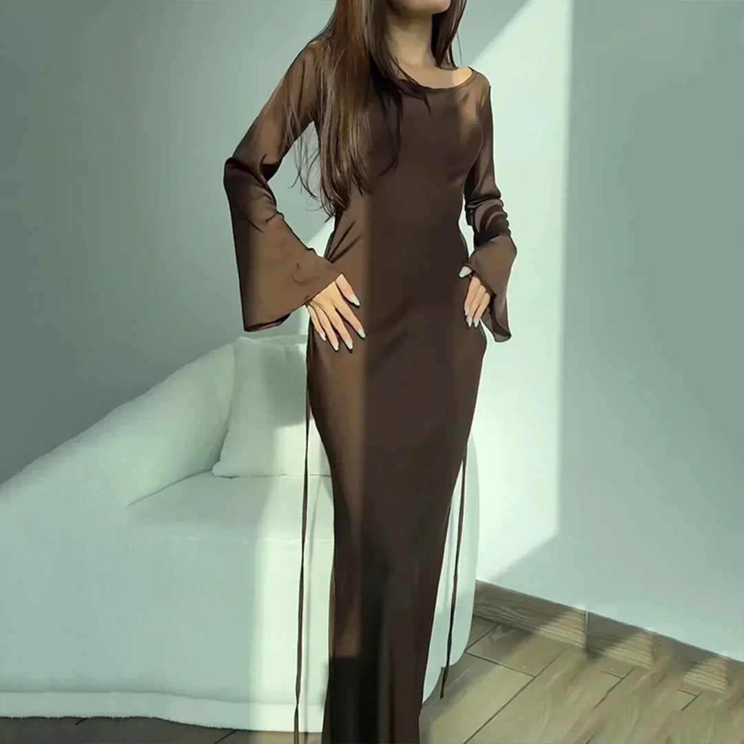 Maxiklänning - Utsvängd ärm - Elegant - Satängklänning - Långärmad klänning-Eva Jonsson