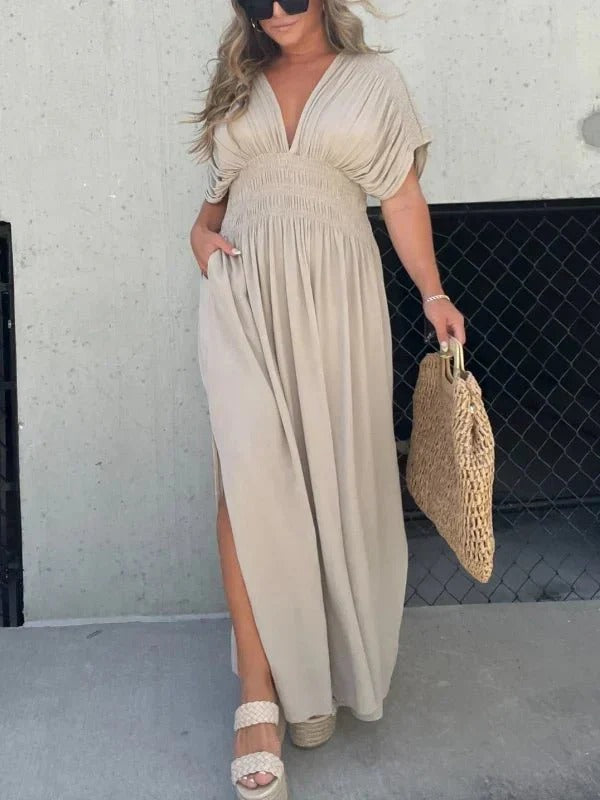 Maxiklänning - V-ringning - rynkad midja - Sommarklänning - Maxi Sundress-Eva Jonsson