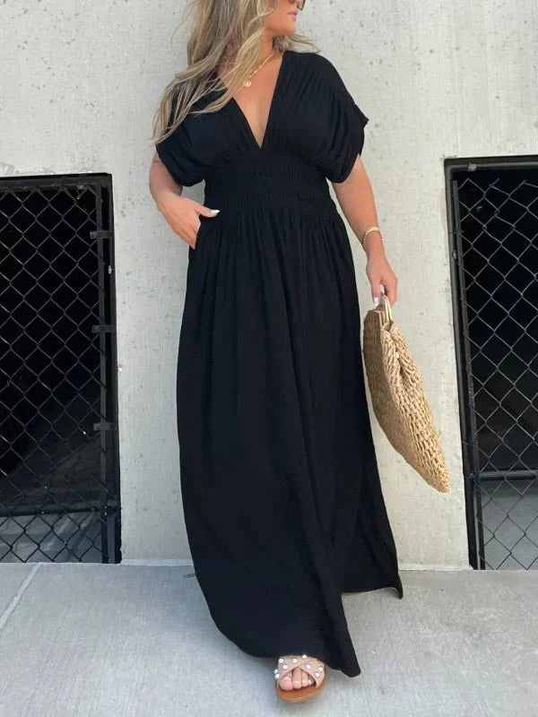 Maxiklänning - V-ringning - rynkad midja - Sommarklänning - Maxi Sundress-Eva Jonsson