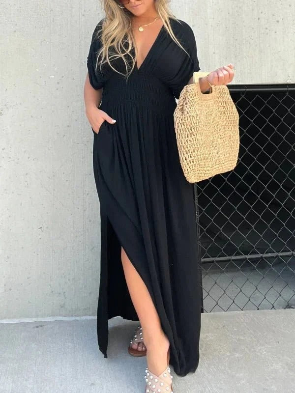 Maxiklänning - V-ringning - rynkad midja - Sommarklänning - Maxi Sundress-Eva Jonsson