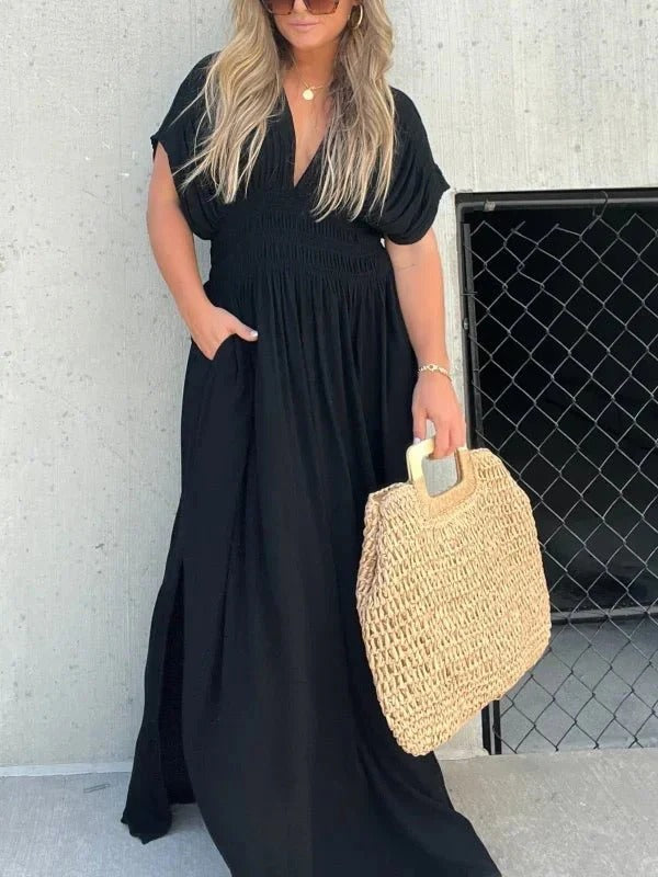 Maxiklänning - V-ringning - rynkad midja - Sommarklänning - Maxi Sundress-Eva Jonsson