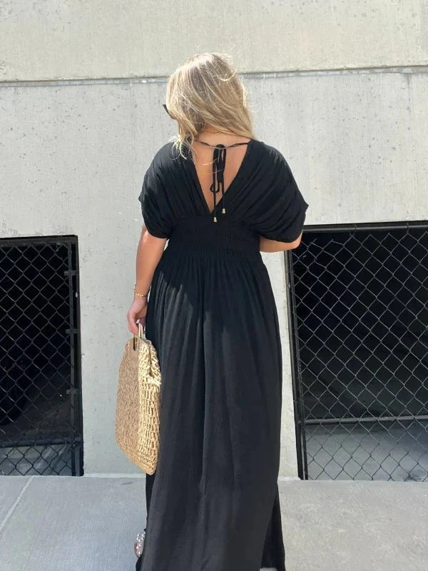 Maxiklänning - V-ringning - rynkad midja - Sommarklänning - Maxi Sundress-Eva Jonsson