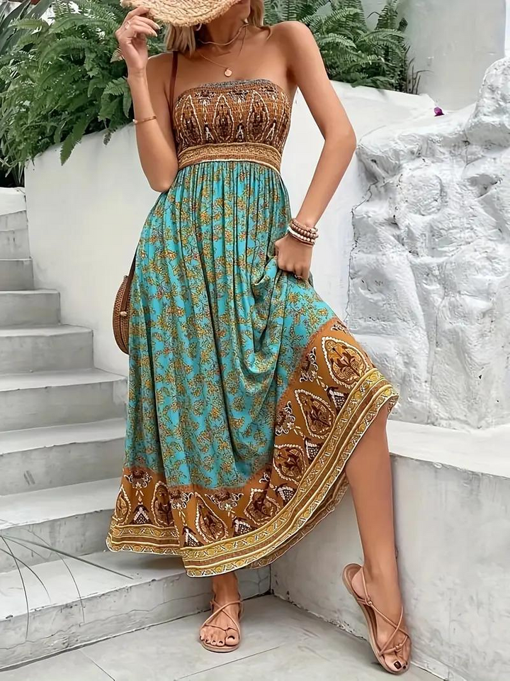 Maxiklänning, axelbandslös, Boho-stil, lång solklänning, tubklänning-Eva Jonsson