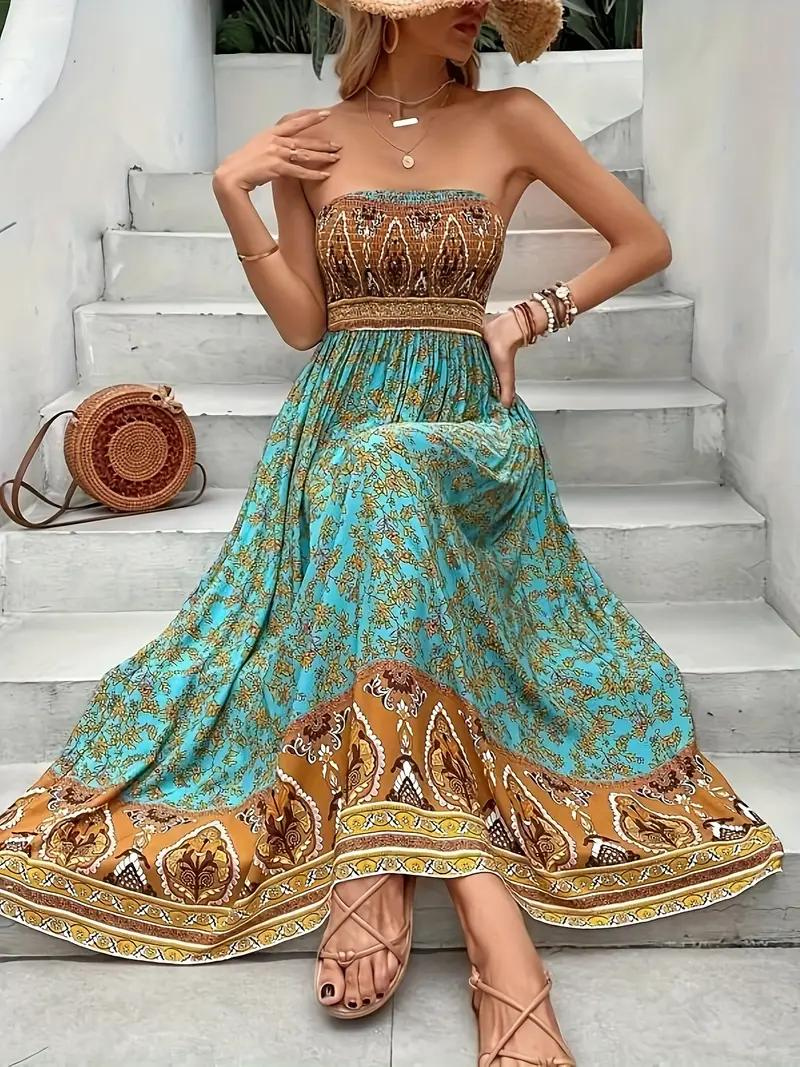 Maxiklänning, axelbandslös, Boho-stil, lång solklänning, tubklänning-Eva Jonsson