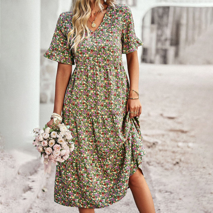 Midiklänning | Kortärmad | A-linjeformad | Blommig klänning | Sommarklänning-Eva Jonsson