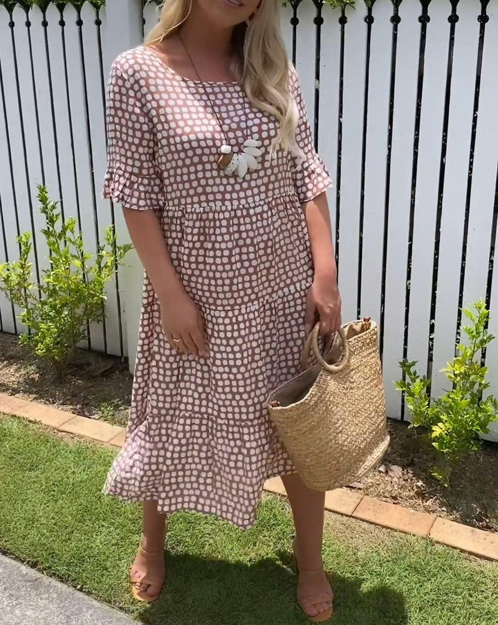 Midiklänning - Sommarklänning med kort ärm och prickar i A-linjeform för kvinnor-Eva Jonsson