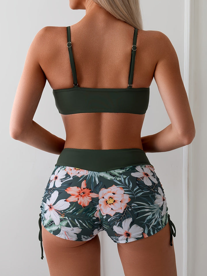 Mirla | 2 Delad Bikini med Grönt Blommönster och Hög Midja-Eva Jonsson