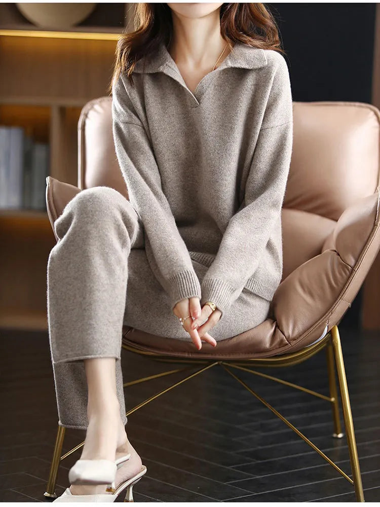 Mirla | 2 stycken set damer oversized träningsdräkt polo krage tröja och byxor-Eva Jonsson