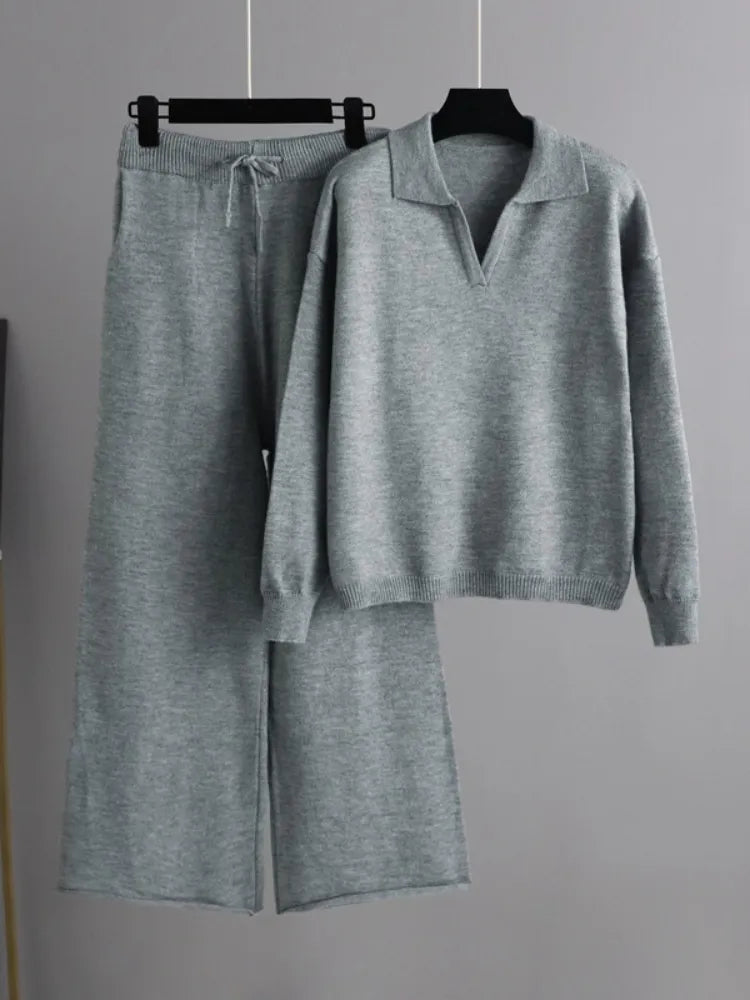 Mirla | 2 stycken set damer oversized träningsdräkt polo krage tröja och byxor-Eva Jonsson